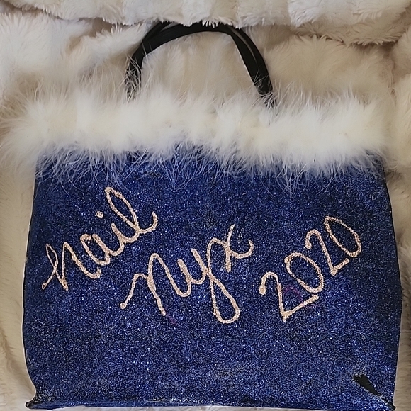 Handbags - Hail Nyx Mardi Gras Krewe Blue Glitter Handbag with White Fur Trim